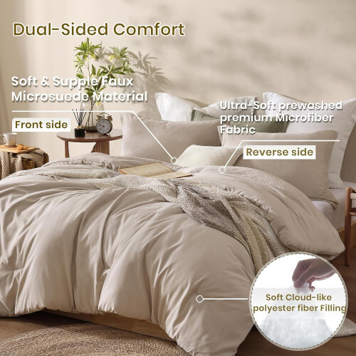 Boho Queen Comforter Set Beige Microsuede 3-Piece 2