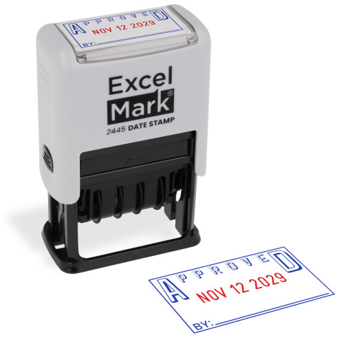 ExcelMark 2445 Datestämpel med text - Blått och rött bläck (Grått fäste, Godkänd)