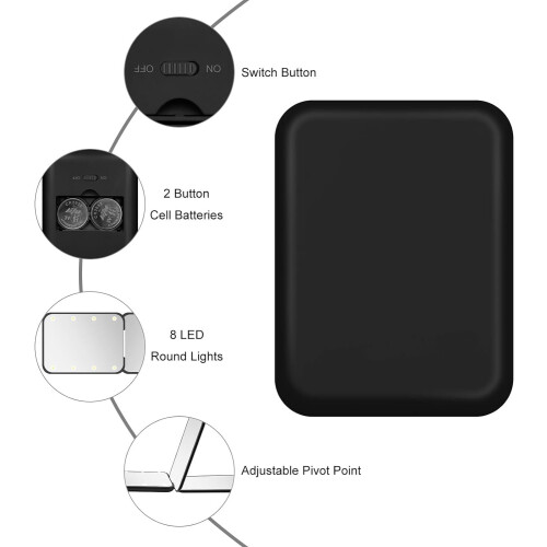 Wattne Pocket Mirror 1X/2X Magnification LED Black 1