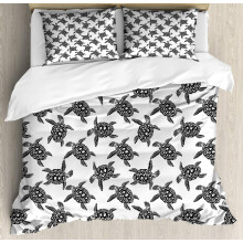Sea Animal Duvet Cover Set Black White Ocean Turtle Design