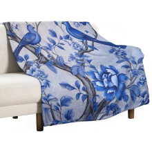 Navy Blue Watercolor Spring Flower Bird Throw Blanket 40x50
