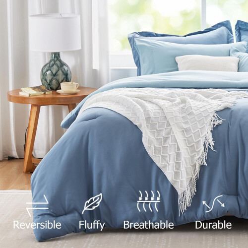 Navy Blue Reversible Queen Comforter Set 7PCS 1