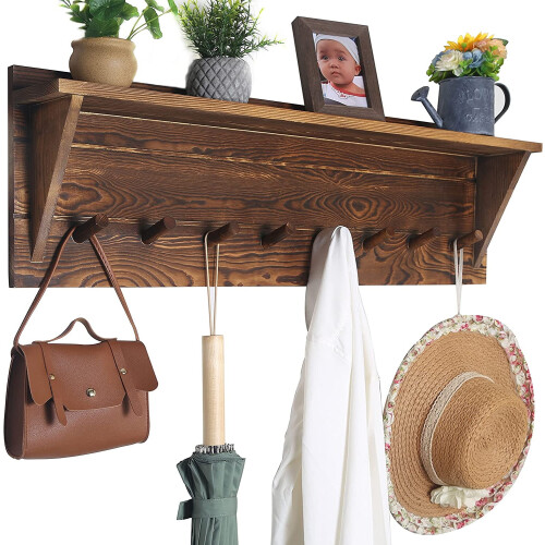 Wall-Mount Coat Rack with Shelf and 8 Hooks, 34 Inch Rustic