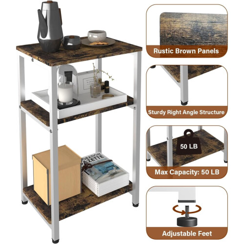 3-Tier Side Table Heavy Duty Rustic Brown White 2