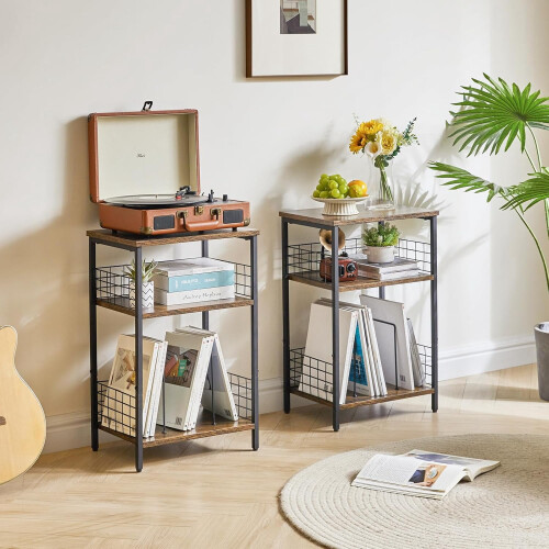 Record Player Stand 3-Tier Rustic Brown Holds 100+ Albums 1