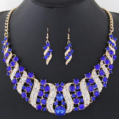 Rhinestone Chain Necklace and Hook Earrings Set Blue 1