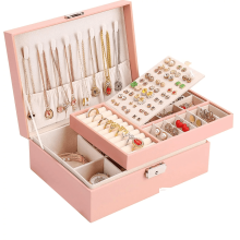 Jewelry Box for Women Pink Leather Two-Layer Organizer