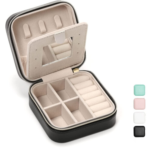 Jewelry Travel Case with Mirror Black Compact Organizer