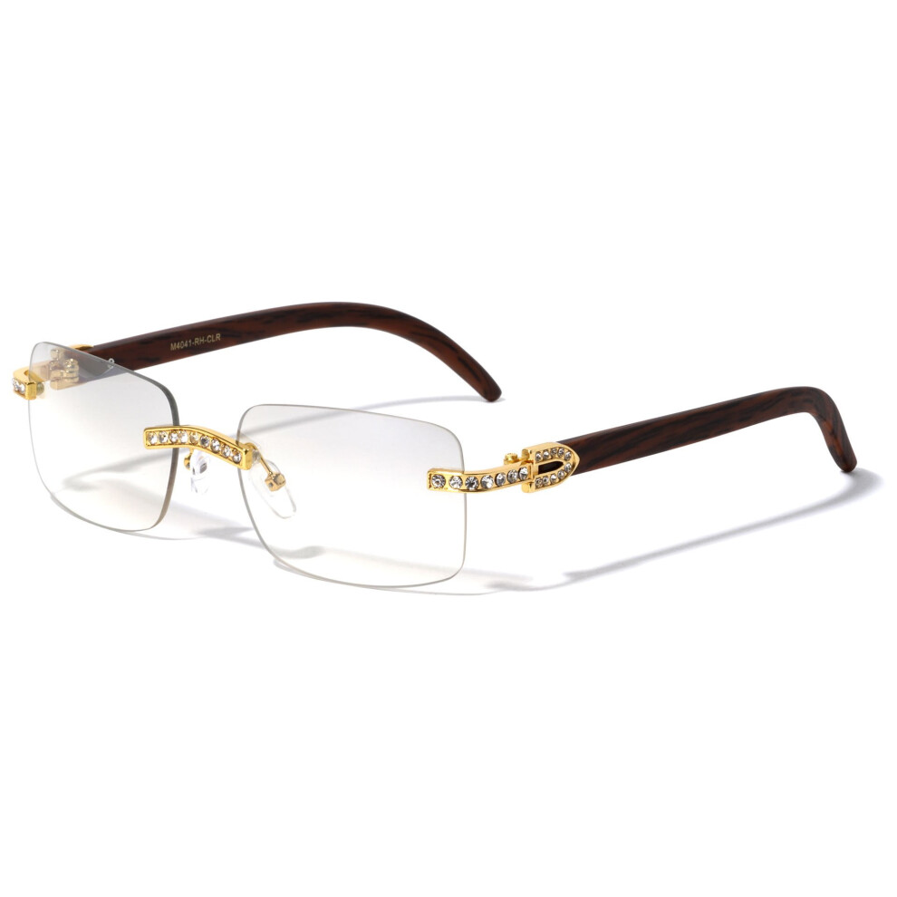 Men's rectangular rimless eyeglass frame with clear lenses