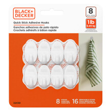BLACK+DECKER Wandhaken, Snelle Stick Lijm, Verwijderbaar, 8 Haken, 16 Lijmstrepen, Hang Decoraties Zonder Schade