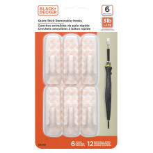 BLACK+DECKER Stevige Wandhaken, Snelle Plak, Verwijderbaar, 6 Haken, 12 Plakstrips, Hang Decoraties Zonder Schade