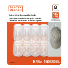 BLACK+DECKER Wandhaken, Snelle Hechting, Verwijderbaar, 8 Haken, 16 Plakstrips, Versieringen Ophangen Zonder Schade