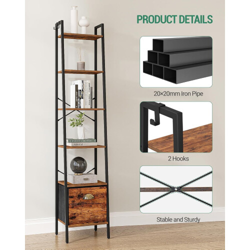 Narrow Rustic Brown Ladder Bookshelf with Drawer and 2 2
