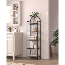 Bookcase with Tempered Glass Shelves, 5-Tier Black Steel