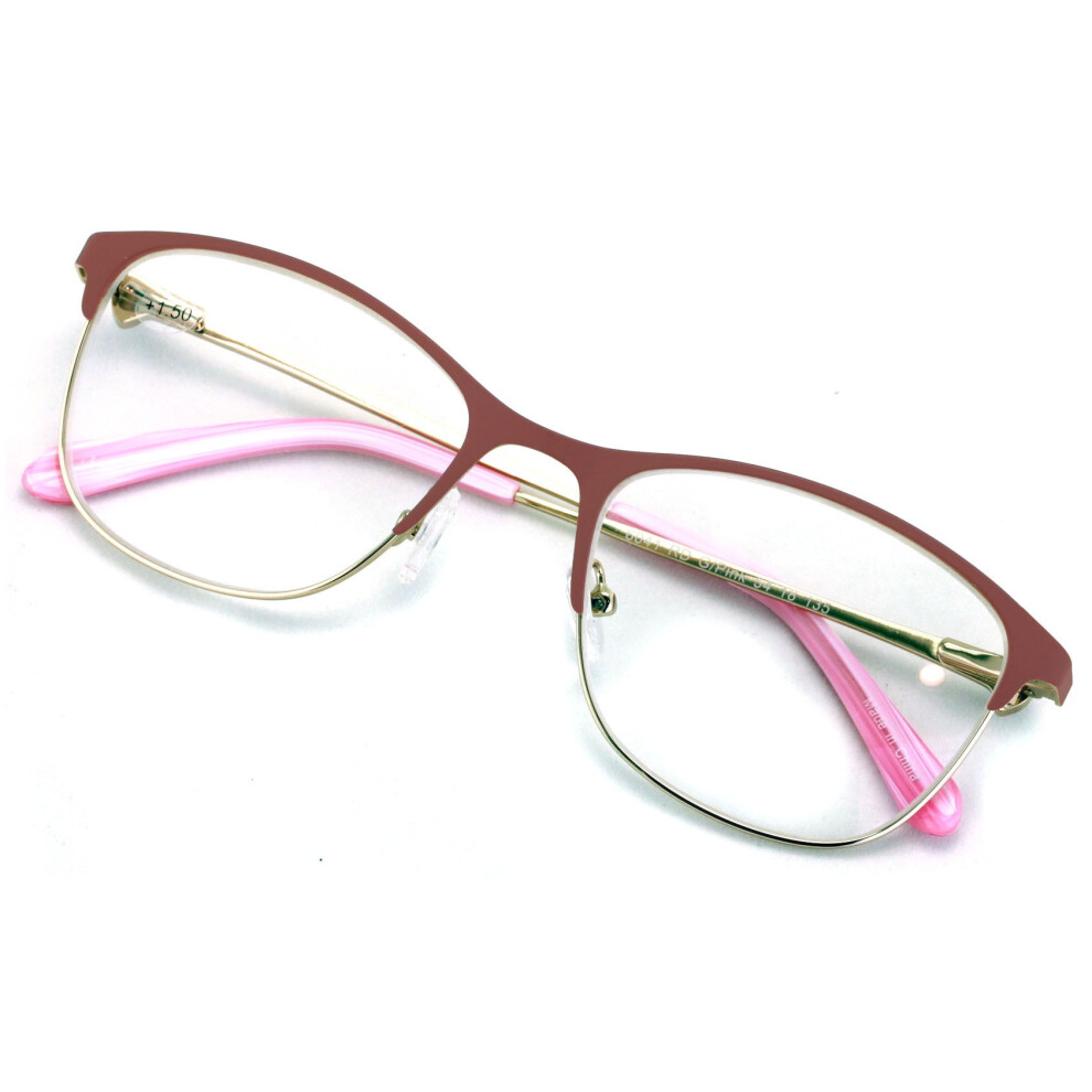 Women's half-rim metal reading glasses gold clear lens