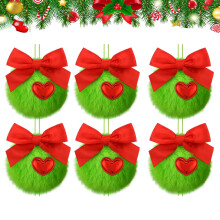 Green Furry Christmas Ball Ornaments with Red Bow 6 Pcs