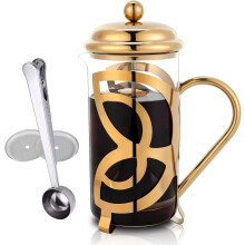 Kávovar French Press, 1 l/34 oz, nehrdzavejúca oceľ 304 a borosilikátové sklo, zlatá farba - kompatibilný so štandardným príslušenstvom