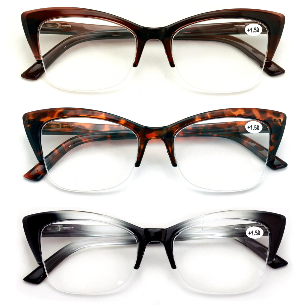 Women's Cateye Reading Glasses Half-Rim +3.00 3 Pairs