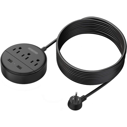 Extension Cord 15 ft Black Flat Plug 3 Outlet 2 USB