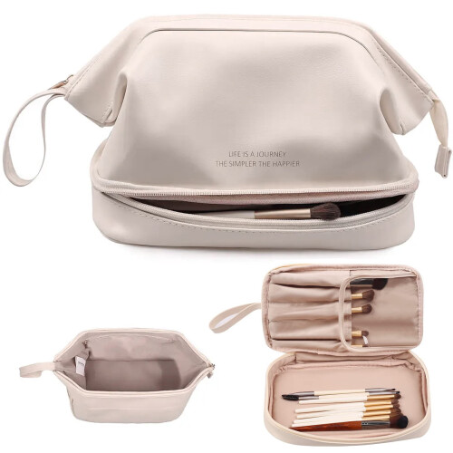 Double Layer Makeup Bag Off-White Leather 1pc