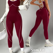 (Burgundy, 10) Women's Seamless Yoga Jumpsuit/Color-Blocked/Crisscross Back/Adjustable Strap with Buckle/Flattering Fit for Hips/Yoga/