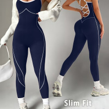 (Navy blue color, 12/14) Women's Seamless Yoga Jumpsuit/Color-Blocked/Crisscross Back/Adjustable Strap with Buckle/Flattering Fit for Hips/Yoga/