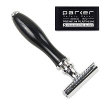 Rasoir Parker 111 B Trois Pièces Double Lame avec Poignée Ébène - Comprend 5 Lames de Rasoir Parker Premium