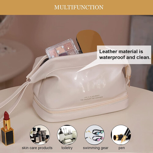 Double Layer Makeup Bag Off-White Leather 1pc 1