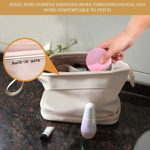 Double Layer Makeup Bag Off-White Leather 1pc 2