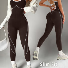 (Coffee Brown, 12/14) Women's Seamless Yoga Jumpsuit/Color-Blocked/Crisscross Back/Adjustable Strap with Buckle/Flattering Fit for Hips/Yoga/