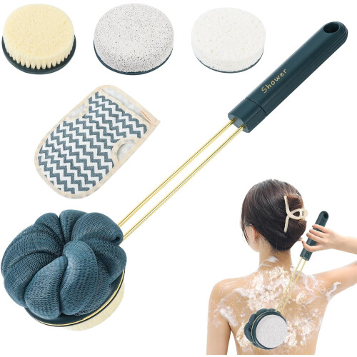 Bath Brush Blue Double-Sided Shower Tool with Pumice and