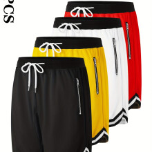 (Black/white/red/yellow, 34) 4pcs Men's Casual Athletic Shorts with Zipper Pockets - Breathable Polyester, Elastic Waistband, Multi-Color Basketball