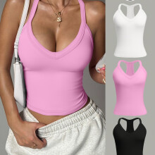 (White+Pink+Black, 6) 3pcs/set Y-back Cropped Tank Top, V-neck Sleeveless Slim-fit Basic T-shirt, Suitable for Daily and Casual Wear, Yoga