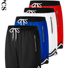 (Black/white/red/blue, 32) 4pcs Men's Casual Athletic Shorts with Zipper Pockets - Breathable Polyester, Elastic Waistband, Multi-Color Basketball