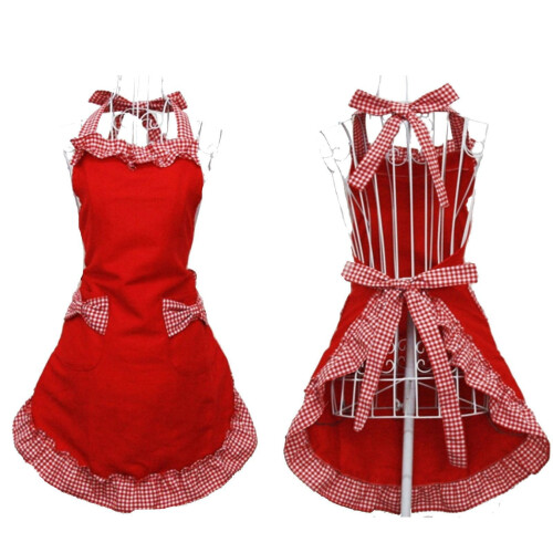 Women's Plaid Bowknot Pocket Apron Adjustable Lace-up 1