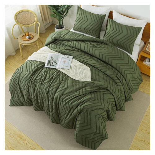 Dark Olive Green Comforter Set Queen 3-Piece Boho Tufted 2