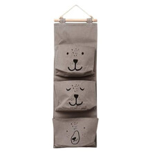 Cotton Linen Bear Storage Bag with 3 Pockets Grey