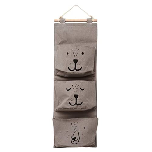 Cotton Linen Bear Storage Bag with 3 Pockets Grey