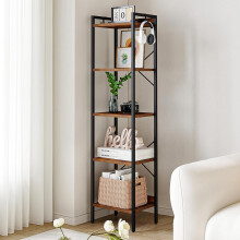 Industrial Bookshelf 5-Tier Rustic Brown with 2 Hooks