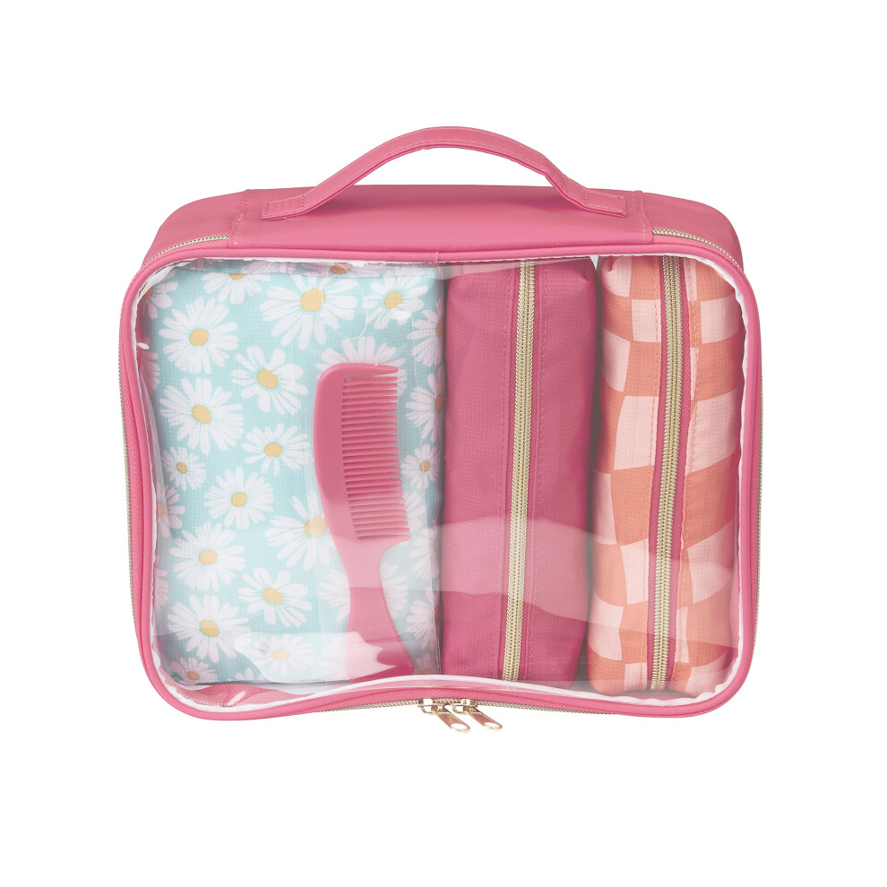 Conair 5 Piece Toiletry And Cosmetic Bag Set Under $30, Includes 4 Makeup Bags And 1 Travel Comb In Pink And Daisy Prints