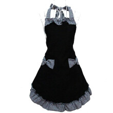 Women's plaid bowknot apron with pockets, adjustable lace-up
