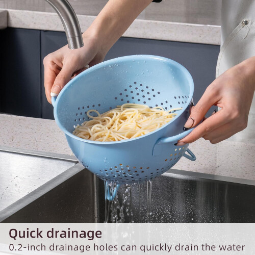 Metal Colander 5 Quart Blue Powder-Coated Strainer with 2