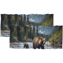 Mantovane per finestre da cucina con motivo orso della foresta, montagne nebbiose, fauna selvatica, giungla, foresta pluviale, ruscello, fiume, 54x18