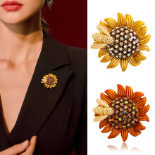 Sunflower brooch pin alloy enamel with rhinestones