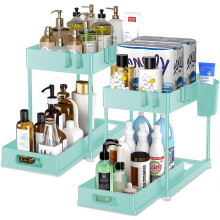 Under Sink Organizer Blue 2-Tier Sliding Shelf 2 Pack