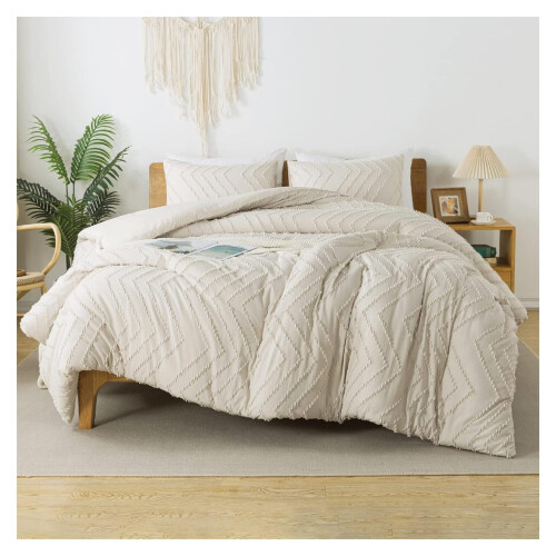 Queen Comforter Set Beige Boho Tufted 3-Piece 2
