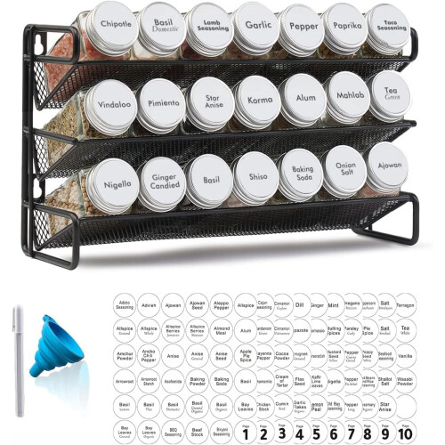Spice Rack Organizer Black 36-Jar with Labels and