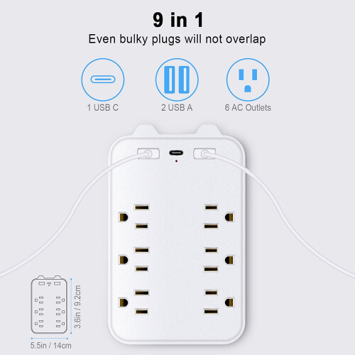 Πολύπριζο 6 πριζών 3000W με 3 θύρες USB, προστασία από υπερτάσεις και πρίζες σε μεγάλη 2