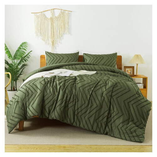 Dark Olive Green Comforter Set Boho Tufted 3-Piece