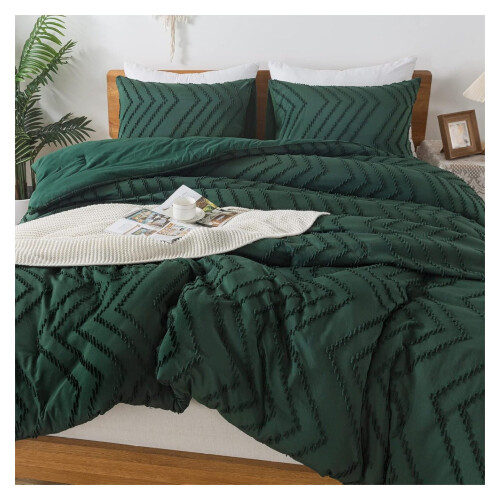 Dark Emerald Green Comforter Set Boho Tufted 3-Piece